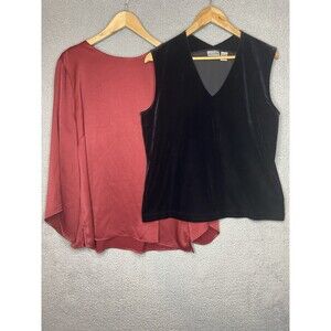 Lot of 2 CHICO'S Black Red XL Velvet Velour Tank & Red Tunic Top Evening Holiday